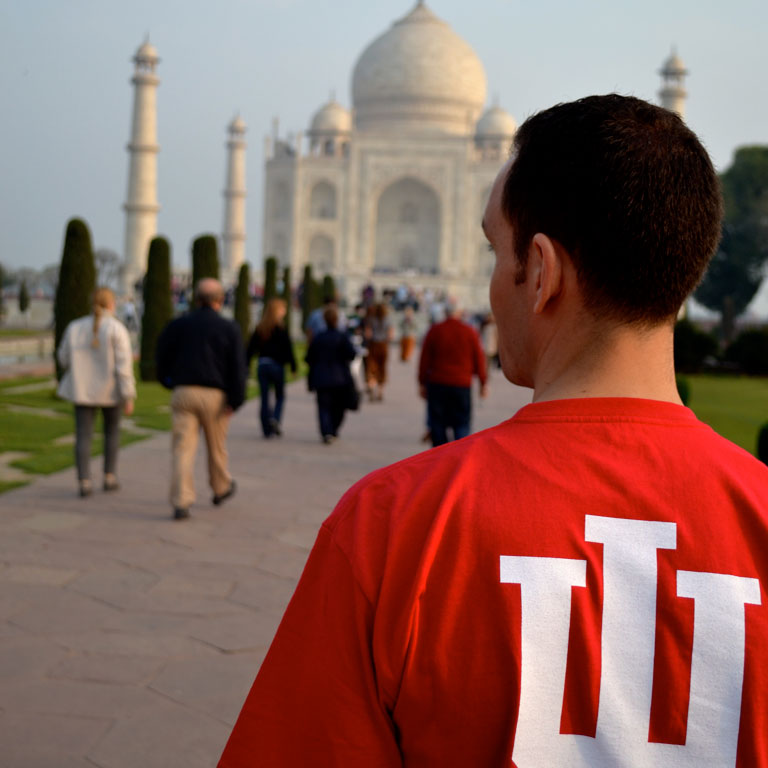 A student in an IU shirt at the Taj Mahal