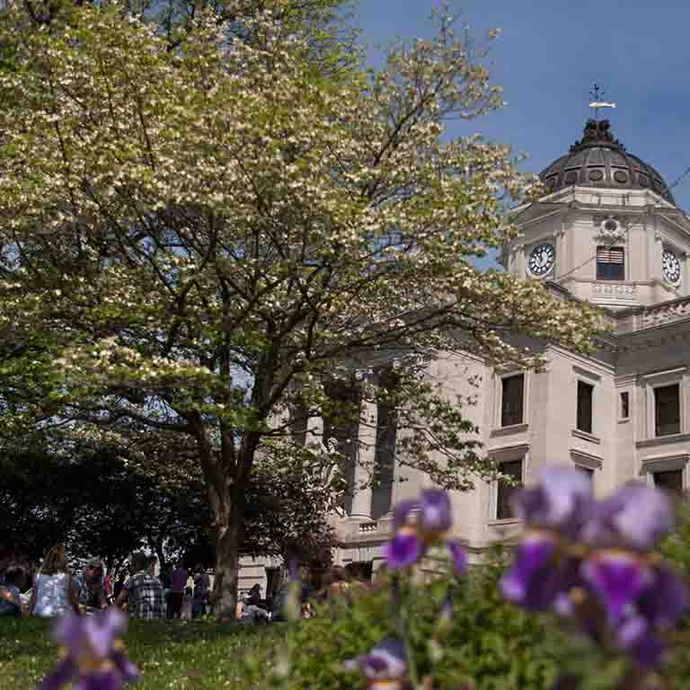 The courthouse in Bloomington's town square is surrounded by trees, grass, and flowers.
